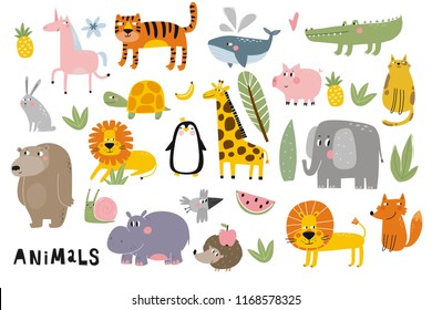 Animais de desenho animado. Bonitos animais selvagens. Leão, elefante, girafa, crocodilo, tartaruga, baleia