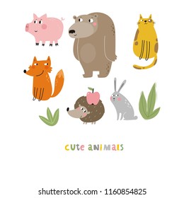 Cartoon animals. Cute wild animals. Pig, bear, cat, fox, hedgehog, hare, forest