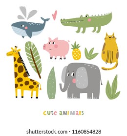 Cartoon animals. Cute wild animals. Whale, giraffe, pig, elephant, crocodile, cat, pineapple