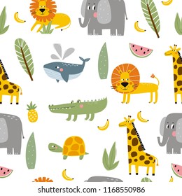 Cartoon Animals. Cute Wild Animals. Whale, Giraffe, Pig, Elephant, Crocodile, Cat, Pineapple. Seamless Pattern