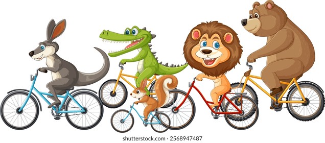 Cartoon animals cycling in a joyful group