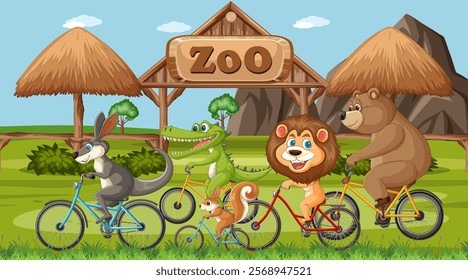 Cartoon animals cycling together in a zoo setting