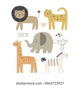 animales de dibujos animados, Elementos decorativos. estilo plano, Vector colorido para niños. diseño de bebé para tarjetas, decoración de póster, impresión de camiseta
