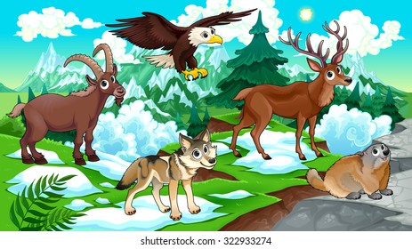 Cartoon animals, deer, eagle, groundhog, wolf with landscape. Vector cartoon illustration.