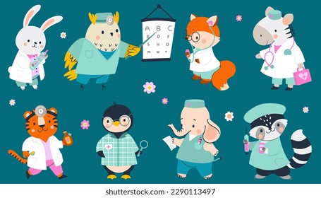 Cartoon animals doctors, funny animals with medical tools, stethoscope and syringe. Kids cute nurses in hospital, nowaday vector characters