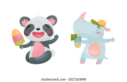 Cartoon Animals Drinking Cocktail and Eating Ice Cream Vector Set
