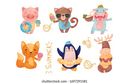 Cartoon Animals Drinking Cocktails and Swimming with Inner Tube Vector Set