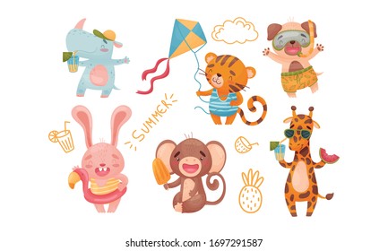 Cartoon Animals Drinking Cocktails and Swimming Vector Set