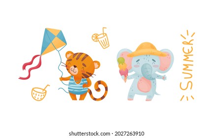 Cartoon Animals Eating Ice Cream and Flying Toy Kite Vector Set