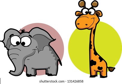 Cartoon animals - elephant and giraffe, vector