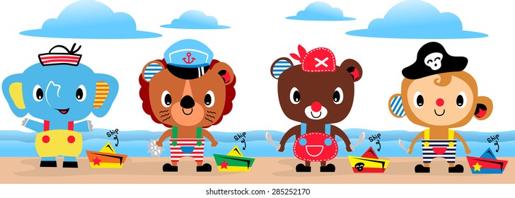 Cartoon animals, elephant, lion, bear, monkey are standing on the beach.