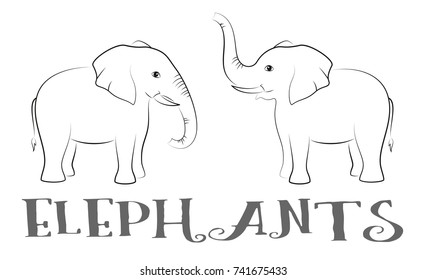 Cartoon Animals, Elephants, Black Contours Isolated on White Background. Vector