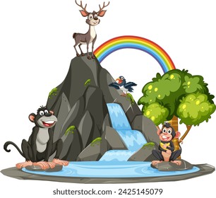 Cartoon animals enjoying nature by a waterfall