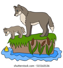 Cartoon animals. Father wolf with his baby, looking at the fish.