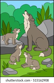 Cartoon animals. Father wolf howls with his little cute babies.