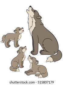 Cartoon animals. Father wolf howls with his little cute babies.