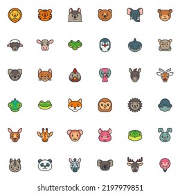 Cartoon animals filled outline icons set, line vector symbol collection, linear colorful pictogram pack. Signs, logo illustration, Set includes icons as lion head, tiger face, wolf, funny elephant