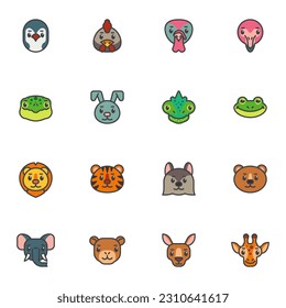 Cartoon animals filled outline icons set, line vector symbol collection, linear colorful pictogram pack. Signs, logo illustration, Set includes icons as elephant, giraffe, lion, bear, birds, tiger