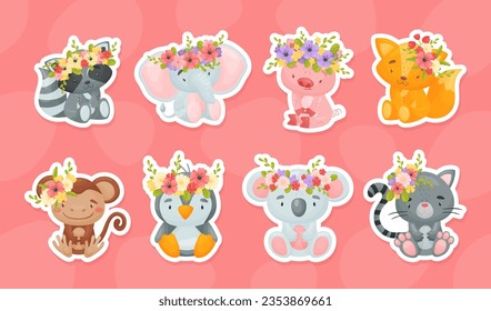 Cartoon Animals with Floral Wreath on Head Vector Sticker Set