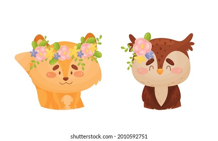 Cartoon Animals with Flower Decoration on Their Heads Vector Set