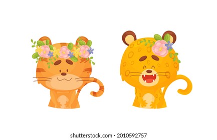 Cartoon Animals with Flower Decoration on Their Heads Vector Set