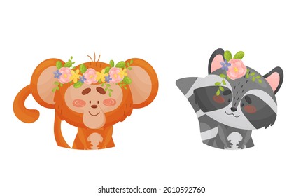 Cartoon Animals with Flower Decoration on Their Heads Vector Set