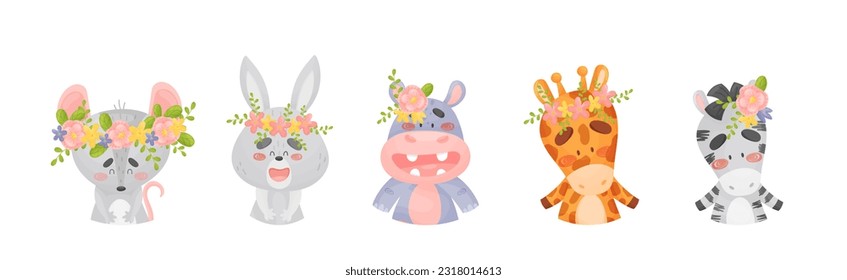 Cartoon Animals with Flower Decoration on Their Heads Vector Set