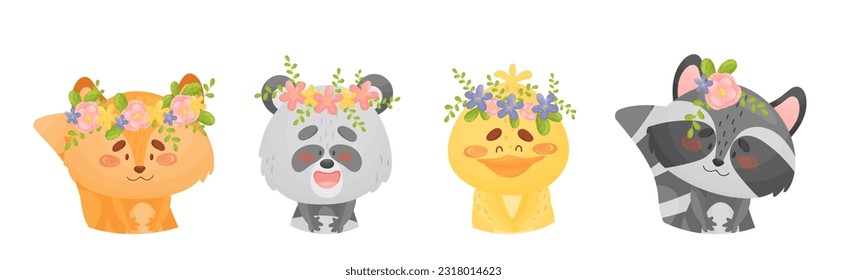 Cartoon Animals with Flower Decoration on Their Heads Vector Set