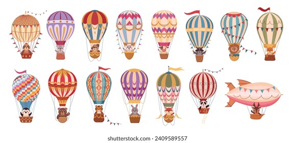 Cartoon animals flying on hot air balloons. Retro flying dirigibles and hot air balloon with animals on board flat vector illustration set. Cute characters flying on air transport