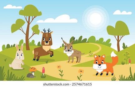 Cartoon animals in forest clearing. Wildlife characters in natural environment, summer time, happy fauna representatives, vector concept