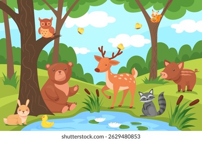 Cartoon animals in forest nature. Cute wild animal scene woodland landscape, squirrel bear fox wood trees wildlife background childish beautiful wallpaper, neat vector illustration original artwork