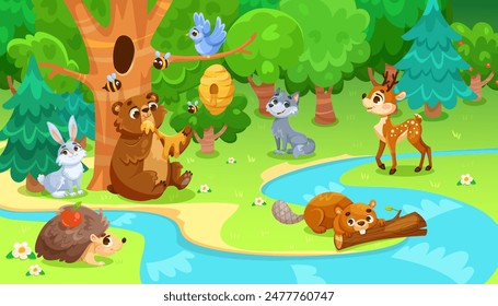 Animales de dibujos animados en el bosque con árboles, arroyo y colmena, ilustración colorida, paisaje natural, concepto de vida silvestre. Ilustración vectorial