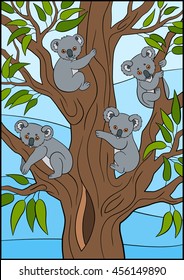 Cartoon animals. Four little cute koala babies sit on the tree and smile.