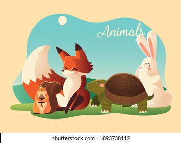 cartoon animals fox rabbit turtle and squirrel in the landscape vector illustration