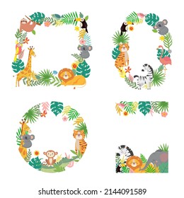 Cartoon animals frame. Green tropical palm tree leaves with tiger, lion, giraffe, koala and elephant borders. Square, oval, circle and rectangle shapes with monkey, zebra and sloth vector set