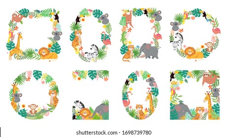 Cartoon animals frame. Jungle animal in tropical leaves, cute frames with tiger, lion, giraffe and elephant vector illustration set. Fauna forest frame, monkey, giraffe and elephant