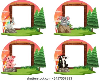 Cartoon animals in frames with vibrant forest backdrops.