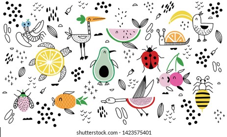 Cartoon animals fruit characters Doodle vector illustration. Funny colorful illustrations hand drawn for children menu, book in which fruit and animals are combined in a cartoon character