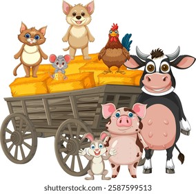 Cartoon animals gathered on a wooden hay wagon