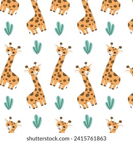 cartoon animals giraffe and grass grass on white background. Vector illustration