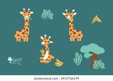 cartoon animals giraffe and tree, grass on blue background. Vector illustration