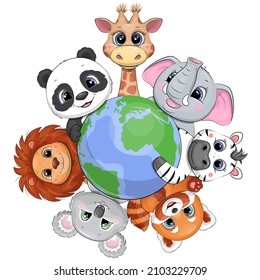 Cartoon animals and globe. Vector illustration of a giraffe, elephant, zebra, red panda, koala, lion, panda on a white background.