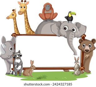 Cartoon animals grouped around an empty frame