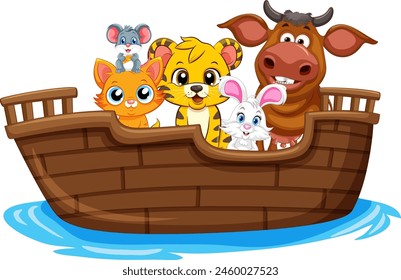 Cartoon animals happily sailing in a boat together