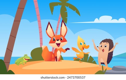 Cartoon animals happy characters fox frog duck on sea island outdoor standing