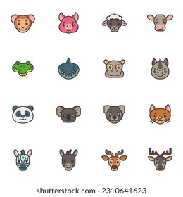 Cartoon animals head filled outline icons set, line vector symbol collection, linear colorful pictogram pack. Sign logo illustration, Set includes icons as monkey, pig, rhino, shark, panda, cat, zebra