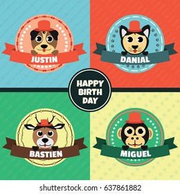 Cartoon Animals Head Label Vector Set, Happy Birthday Card