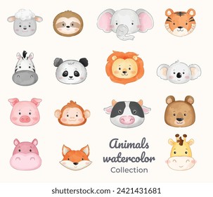 cartoon animals head watercolors series, animals set vector