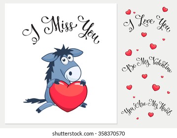 Cartoon animals with hearts. I love you. I miss you.  Be my Valentine. You are my Heart. Funny greeting card.