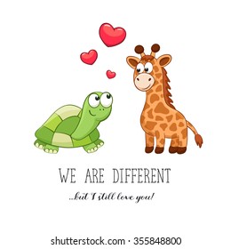Cartoon animals with hearts. Valentine's da. Funny greeting card. We are different but i still love you. Turtle and giraffe in love.